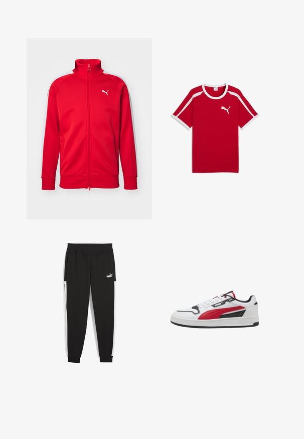 Veste de sport zippée rouge avec un col haut, des rayures blanches sur les côtés, des poignets côtelés et un petit logo blanc sur la poitrine. Texture du tissu lisse.; T-shirt de sport rouge avec accents blancs, col rond, manches courtes et logo Puma blanc sur la poitrine. Conçu en matériau léger.; Pantalon de jogging noir avec taille élastique, poches latérales et panneaux latéraux blancs. Présence du logo "PUMA" en blanc sur le devant.; Baskets blanches avec des accents rouges et noirs, tige en cuir, semelle épaisse et couture contrastante. Présente un logo prominent sur le côté.