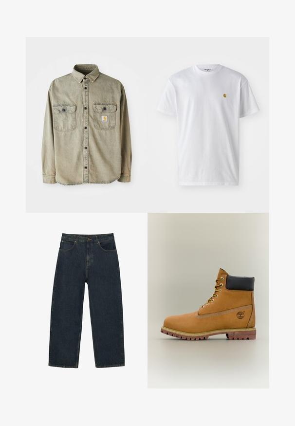 Chemise à manches longues en coton vert olive délavé. Elle présente deux poches poitrine, des boutons noirs et une étiquette à motifs sur la poche gauche.; T-shirt en coton blanc à manches courtes, col rond, avec un petit logo doré sur la poitrine gauche. Texture douce et coupe régulière.; Jean en denim bleu foncé taille haute, coupe droite, avec poches avant, fermeture à boutons, et coutures apparentes.; Bottine en cuir marron avec col noir, lacets jaunes et semelle beige. Présente un logo et des détails de couture blanche. Semelle extérieure à traction robuste.