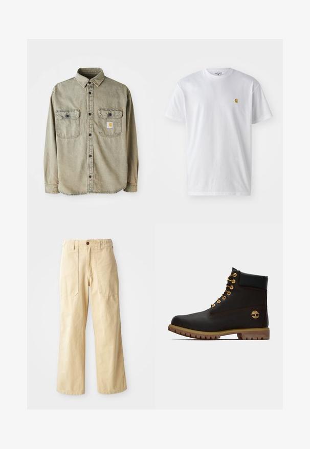 Camisa de manga larga en algodón verde oliva desgastado. Cuenta con dos bolsillos en el pecho, botones negros y una etiqueta con patrón en el bolsillo izquierdo.; Camiseta de algodón blanca con mangas cortas, cuello redondo, que presenta un pequeño logo dorado en la parte izquierda del pecho. Textura suave y corte regular.; Pantalones de pierna ancha beige de algodón. Cuentan con una cintura alta, dos bolsillos frontales de diseño plano y un cierre de un botón.; Bota de cuero negro de tobillo con ojales dorados, acentos marrones y suela de goma. Presenta un cuello acolchado y un logotipo en relieve en el costado.