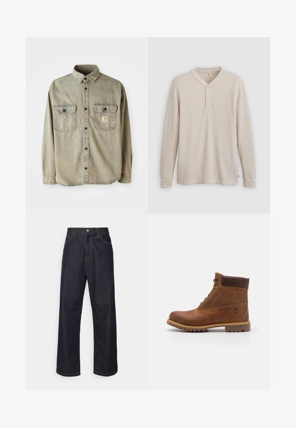 Langdurige overhemd in vervaagd olijfgroen katoen. Heeft twee borstzakken, zwarte knopen en een gemusterd label op de linkerzak.; Lange mouwen henley-shirt in lichtbeige ribbelstof, met een V-hals, een drieknoopsluiting en manchetten. Rode logo-label aan de onderkant.; Donkerblauwe rechte spijkerbroek met gele stiksels, voorknop, ritssluiting en vijf pocket ontwerp.; Bruine leren wandelschoen met een gladde afwerking, gevoerde enkel, metalen oogjes en een rubberen zool met een robuust profiel.