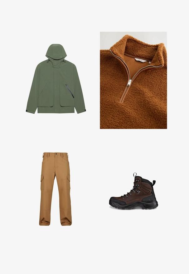 Grøn vandtæt jakke med hætte, der har store forlommer, en lynlåslomme på siden og justerbare snore. Glat tekstur.; Brun fleece-pullover med høj krave, halv-lynlås design, tekstureret overflade og glat foer med sølv lynlås hardware.; Brune cargo bukser lavet af slidstærkt stof, med flere lommer, en afslappet pasform og forstærkede syninger.; Brun vandresko med et struktureret læderoverdel, sort gummitåhætte, forstærkede snørrebukser og en robust sål til godt greb.