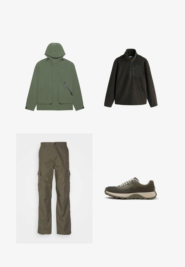 Grøn vandtæt jakke med hætte, der har store forlommer, en lynlåslomme på siden og justerbare snore. Glat tekstur.; Fleece-pullover i mørk olivengrøn med høj krave, lynlås foran og en brystlomme med lynlås. Blød tekstur, afslappet pasform.; Olivenfarvede cargo bukser med lige snit, lavet af tekstureret stof. Har store sidelommer og knaplukning.; Olivengrøn lav sneakers med beige snørebånd, tyk beige sål, tekstureret slidbane og subtilt logo på siden.
