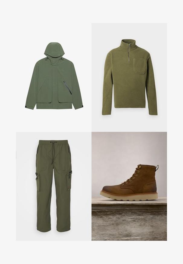 Veste imperméable verte avec capuche, dotée de grandes poches avant, d'une poche latérale zippée et de cordons de serrage réglables. Texture lisse.; Pull en polaire vert olive avec un col zippé à mi-hauteur, des manches longues et une poche sur la poitrine. Texture douce avec un design durable.; Pantalons cargo vert olive en tissu léger, avec une taille élastique, un système de fermeture à cordon, et plusieurs poches zippées.; Botte cheville imperméable marron en cuir texturé, dotée d'œillets dorés, d'un bout rond et d'une semelle en caoutchouc texturé légère.