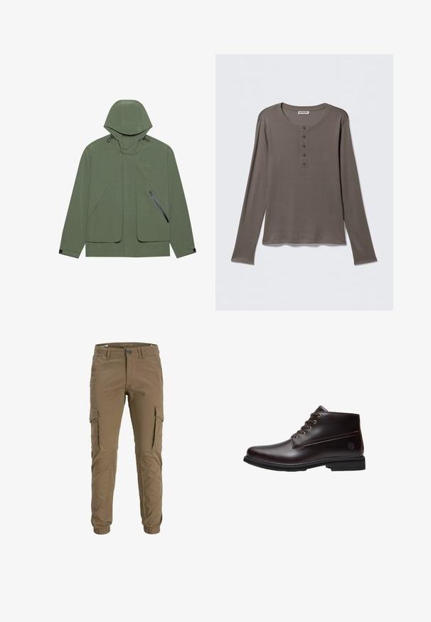 Grüne wasserdichte Jacke mit Kapuze, großen Fronttaschen, einer seitlichen Reißverschlusstasche und verstellbaren Kordeln. Glatte Textur.; Langärmeliges graues Henley-Shirt mit fünf Knöpfen und rundem Halsausschnitt, dargestellt vor einem schlichten weißen Hintergrund.; Jack & Jones JPSTPAUL JJFLAKE ANA NOOS - Cargohose - brindle; Dunkelbrauner Leder-Schnürstiefel mit schwarzer Sohle und dezentem Markenlogo an der Seite, im Profil vor weißem Hintergrund gezeigt.