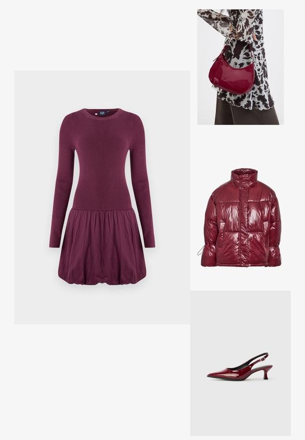 Skinnende mørkerød dunjakke med høj krave, forlommer, lange ærmer og et let oversized, quiltet design.; Lilla kjole med ribbet overdel, lange ærmer og en rynket nederdel. Stoffet ser glat ud med en let tekstur.; Bordeaux patenteret læder slingback hæle med spids tå og en slank stiletto hæl. Åben rygdesign med justerbar ankelrem.; Kvinde iført en sort- og hvidmønstret bluse, der holder en blank rød skuldertaske mod en ensfarvet baggrund.