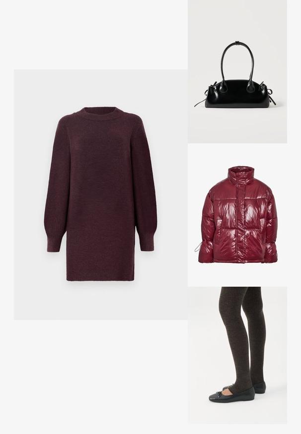 Skinnende mørkerød dunjakke med høj krave, forlommer, lange ærmer og et let oversized, quiltet design.; Bordeaux sweaterkjole med rund halsudskæring og lange, let puffede ærmer. Fremstillet af blødt, tekstureret stof. Slutter over knæet.; Ben iført mørke ribbede leggings kombineret med sorte balletsko med små sløjfedetaljer på hvid baggrund.; Lille sort blank håndtaske med to lange håndtag og snøre-detaljer i siden på en ensfarvet lys baggrund.