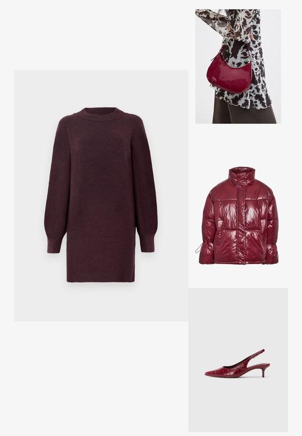 Glänzende dunkelrote Steppjacke mit hohem Kragen, Fronttaschen, langen Ärmeln und einem leicht übergroßen, gesteppter Design.; Bordeauxfarbenes Strickkleid mit rundem Halsausschnitt und langen, leicht puffartigen Ärmeln. Aus einem weichen, strukturierten Stoff gefertigt. Endet oberhalb des Knies.; Burgunderfarbene Leder-Slingback-Pumpe mit Krokodilleder-Textur, spitzem Zehenbereich, verstellbarem Riemen mit Schnalle und niedrigem Kitten-Absatz auf einem weißen Hintergrund.; Frau trägt eine schwarz-weiß gemusterte Bluse und hält eine glänzende rote Schultertasche vor einem einfarbigen Hintergrund.