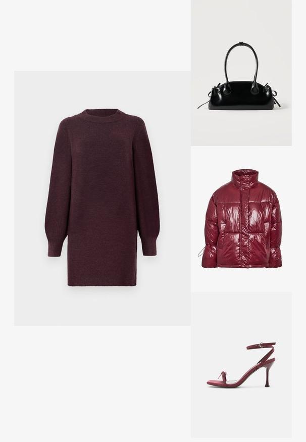Skinnende mørkerød dunjakke med høj krave, forlommer, lange ærmer og et let oversized, quiltet design.; Bordeaux sweaterkjole med rund halsudskæring og lange, let puffede ærmer. Fremstillet af blødt, tekstureret stof. Slutter over knæet.; Burgundy højhælede sandal med tynde stropper, ankelspænde og en lille sløjfedetalje på tåstroppen.; Lille sort blank håndtaske med to lange håndtag og snøre-detaljer i siden på en ensfarvet lys baggrund.