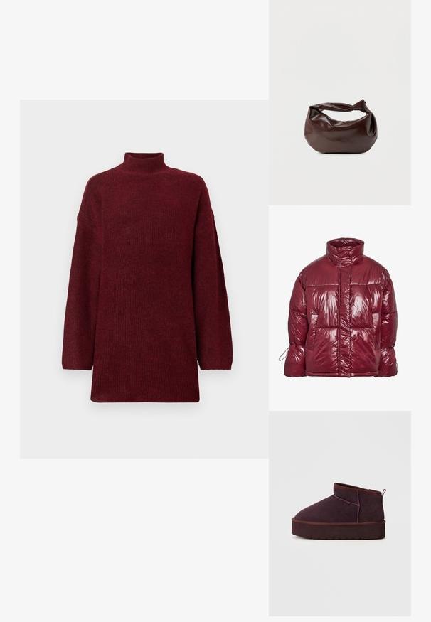 Skinnende mørkerød dunjakke med høj krave, forlommer, lange ærmer og et let oversized, quiltet design.; Bordeaux højhalset sweater med et struktureret strikdesign, oversized pasform og lange ærmer. Såleddet falder under hofterne, hvilket skaber en afslappet silhuet.; Lilla ruskinds ankelstøvle med rund tå, syet detalje og en tyk gummisål; har en pull-tab bagpå for nem påtagning.; Mørkebrun læder skuldertaske med en blød, afslappet form og et snoet knudehåndtag på en ensartet hvid baggrund.