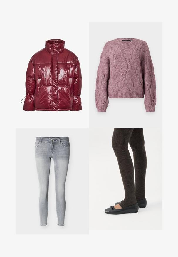 Skinnende mørkerød dunjakke med høj krave, forlommer, lange ærmer og et let oversized, quiltet design.; Strikket cropped sweater i blød pink med et tekstureret bladmønster, rund hals og ribbede manchetter og kant. Fremstillet af en hyggelig uldblanding.; Lysegrå, tætsiddende jeans lavet af denim, med et klassisk design med fem lommer, bæltestropper og lynlås med sølvfarvet knap.; Ben iført mørke ribbede leggings kombineret med sorte balletsko med små sløjfedetaljer på hvid baggrund.