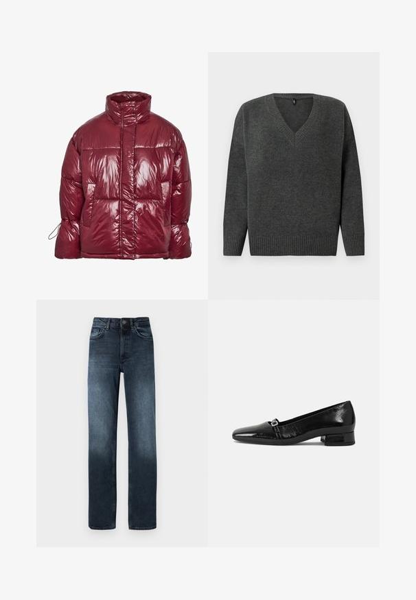 Skinnende mørkerød dunjakke med høj krave, forlommer, lange ærmer og et let oversized, quiltet design.; Grå strikket sweater med V-hals, ribbede manchetter og kant. Har en blød tekstur og en afslappet pasform, velegnet til lagdeling i køligere vejr.; Mørkeblå denim jeans med lige ben, fem lommer og lukning med frontknap. Har falmede detaljer nær kanten.; Sorte patentlæder balletflade med spids tå, lav firkantet hæl og en lille metallisk spænde detalje på remmen. Glat tekstur.