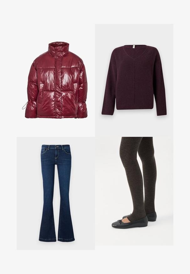Skinnende mørkerød dunjakke med høj krave, forlommer, lange ærmer og et let oversized, quiltet design.; V-hals sweater i mørkeblå, lavet af blødt, tekstureret stof. Har lange ærmer og ribstrikkede kanter ved ærmer og nederkant.; Udsvingede mørkeblå jeans lavet af denim, med forlommer og gule stikninger langs sømmene. Standard talje og lynlås.; Ben iført mørke ribbede leggings kombineret med sorte balletsko med små sløjfedetaljer på hvid baggrund.