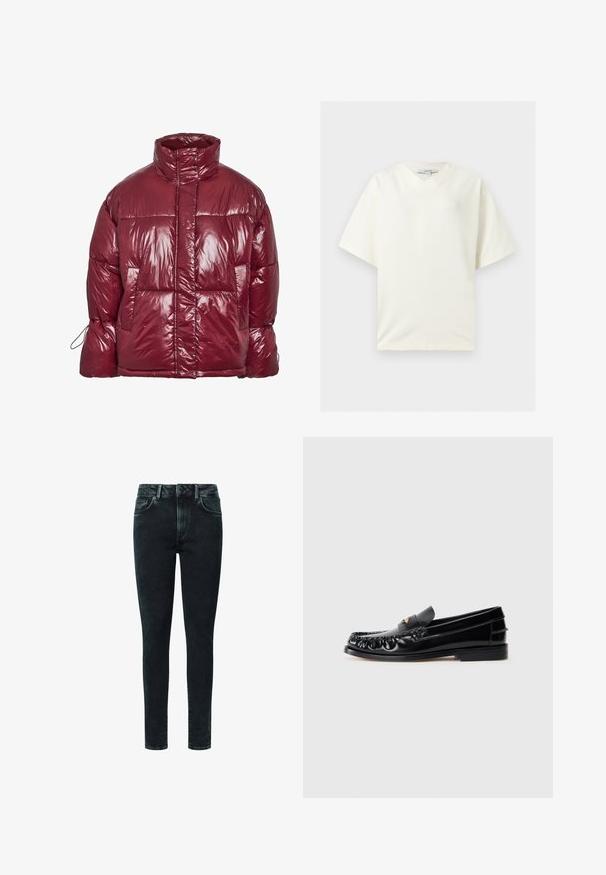Skinnende mørkerød dunjakke med høj krave, forlommer, lange ærmer og et let oversized, quiltet design.; Hvid oversized T-shirt med korte ærmer og V-udskæring, lagt fladt ud med en TOPSHOP label indeni kraven.; Sorte denim skinny jeans har et klassisk fem-lomme design, lynlås foran og subtile slidser detaljer langs forsiden.; Sorte læder loafers med rund tå, dekorativ sying og en lille gul accent på vampen. Flad gummisål, slankt design.