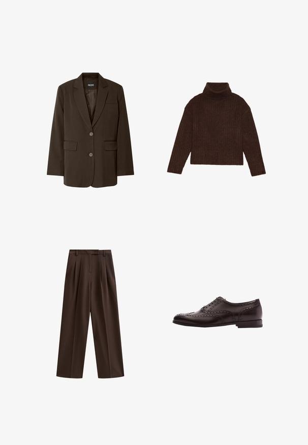 Brun blazer med en enkeltknap design, to forlommer, skråklippede klapper og knaplukning. Glat stoftekstur. Branded etikette synlig.; Brun ribbet turtleneck sweater med lange ærmer og cropped silhuet, med et tykkere, struktureret strikdesign.; Brune bredbenede bukser med folder, flad talje og bæltestropper; glat tekstur og skræddersyet design. Ideelle til afslappet eller formelt brug.; Brune læder dress sko med brogue-detaljer, snørebånds lukning, rund tå og en lav stablet hæl. Poleret finish og indviklede perforeringer.