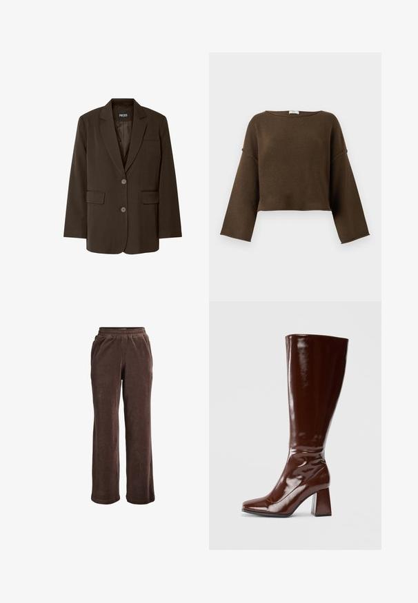 Bruine blazer met een enkelvoudig ontwerp, twee voorzakken, geplooide revers en knoopsluiting. Gladde stofstructuur. Merkenlabel zichtbaar.; Bruine, kortere sweater met een brede halslijn, lange mouwen en een zachte textuur. Eenvoudig, ongecompliceerd ontwerp, geschikt voor verschillende outfits.; Bruine velours wijde broek met elastische tailleband en zijzakken, ontworpen voor casual draagcomfort.; Kniehoge bruine laarzen van gepatenteerd leer met een vierkante neus, glanzende afwerking en een chunky hak voor stabiliteit. Naadloos ontwerp zonder zichtbare hardware.
