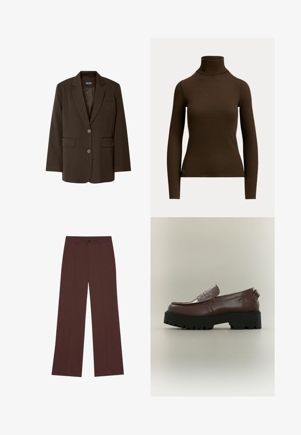 Bruine blazer met een enkelvoudig ontwerp, twee voorzakken, geplooide revers en knoopsluiting. Gladde stofstructuur. Merkenlabel zichtbaar.; Donkerbruine, geribde, coltrui met lange mouwen, getailleerd silhouet en klein logo vlak bij de onderste zoom aan de voorkant links.; Wijde broekspijp in een rijke bruine stof. Voorzien van een knoopsluiting, twee voorzakken, een soepele textuur en strakke lijnen.; Bruine leren loafer met dikke zwarte profielzool en gestikte details op een neutrale achtergrond.