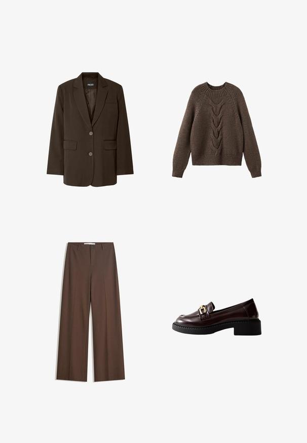 Brun blazer med en enkeltknap design, to forlommer, skråklippede klapper og knaplukning. Glat stoftekstur. Branded etikette synlig.; Brun strikket sweater med rund halsudskæring, lange ærmer og et kabelstrikdesign, der løber ned langs fronten. Ribbet kant og manchetter.; Brune brede bukser med en glat tekstur, frontfald, en knaplukning og to sidelommer. Designet til komfort og alsidighed.; Brune patenterede læder loafers med en kraftig sort sål, med en guldbeslag accent på fronten og diskrete syninger på siderne.