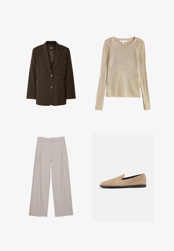 Bruine blazer met een enkelvoudig ontwerp, twee voorzakken, geplooide revers en knoopsluiting. Gladde stofstructuur. Merkenlabel zichtbaar.; Beige geribbelde lange mouw gebreide trui met ronde hals en slim fit, plat weergegeven met label zichtbaar bij de kraag.; Beige wijde broek met riemlussen, voorplooien en een verborgen voorkantsluiting, ontworpen voor een ontspannen pasvorm.; Beige suède instapper loafer met zwarte zool, lage hak en afgeronde neus, zijaanzicht op witte achtergrond.