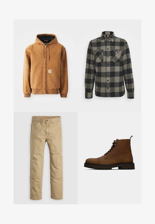 Veste à capuche zippée marron avec poches avant, cordons de serrage, poignets côtelés et une petite étiquette carrée sur la poche gauche.; Chemise en flanelle à carreaux noirs et gris, à manches longues, à boutonnière à l'avant, avec deux poches sur la poitrine et un ourlet légèrement arrondi. Tissu texturé.; Pantalon de travail kaki en coton robuste, doté d'une coupe droite, de renforts aux genoux et de multiples poches avant.; Botte de cheville en cuir marron à lacets avec semelle crantée noire épaisse et languette, sur fond blanc.