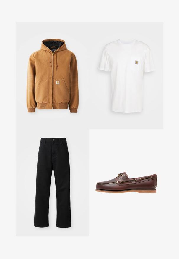 Veste à capuche zippée marron avec poches avant, cordons de serrage, poignets côtelés et une petite étiquette carrée sur la poche gauche.; T-shirt en coton blanc à manches courtes, avec une poche poitrine et un petit patch logo carré en orange et blanc sur la poche.; Pantalons en denim noir à coupe droite, avec poches avant, fermeture éclair et un seul bouton supérieur. Tissu texturé avec une finition mate.; Chaussure bateau en cuir marron avec coutures blanches, détails de lacets et semelle en caoutchouc beige, vue de côté sur fond blanc.