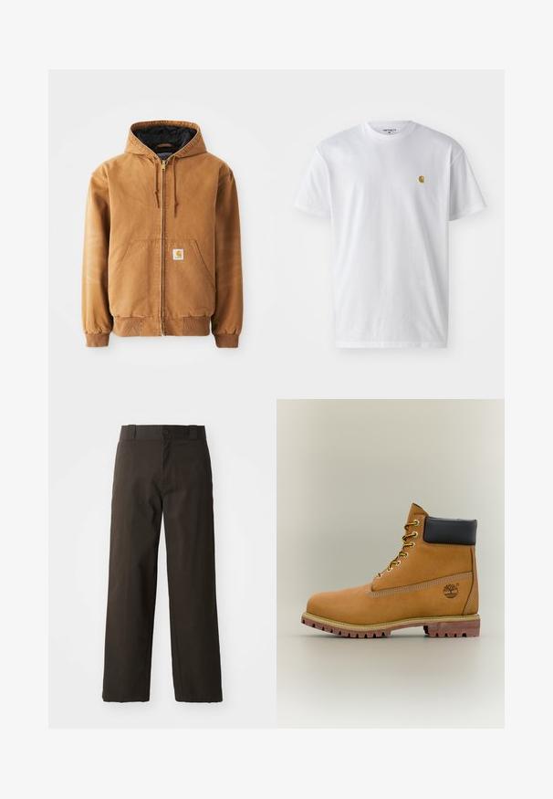 Veste à capuche zippée marron avec poches avant, cordons de serrage, poignets côtelés et une petite étiquette carrée sur la poche gauche.; T-shirt en coton blanc à manches courtes, col rond, avec un petit logo doré sur la poitrine gauche. Texture douce et coupe régulière.; Pantalons en coton noirs avec une coupe droite, dotés d'une fermeture à bouton et d'une taille classique. Texture lisse, sans motifs ni accents.; Bottine en cuir marron avec col noir, lacets jaunes et semelle beige. Présente un logo et des détails de couture blanche. Semelle extérieure à traction robuste.