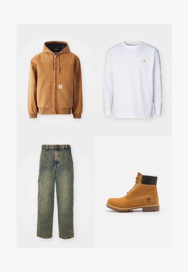 Veste à capuche zippée marron avec poches avant, cordons de serrage, poignets côtelés et une petite étiquette carrée sur la poche gauche.; T-shirt à manches longues blanc en coton. Présente un petit logo doré sur la poitrine et un col rond. Design simple et coupe standard.; Jeans en denim ample avec un délavage bleu et vert. Comprend une fermeture à bouton, des passants de ceinture et des poches latérales. Pas de pli à l'avant et design à jambe droite.; Bottine en cuir brun avec œillets en métal, doublure en fourrure blanche, col rembourré noir, semelle robuste et logo en relief sur le côté.