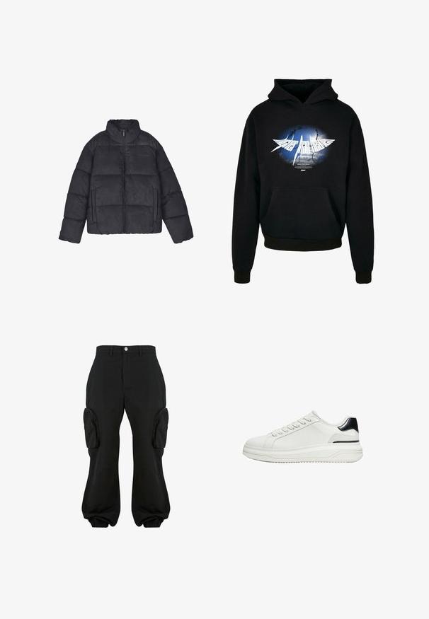 Schwarze gepolsterte Jacke mit hohem Kragen, Frontreißverschluss, zwei Seitentaschen und genähtem Paneeldesign. Weiche Textur mit matter Oberfläche.; Schwarzer Hoodie mit einem zentralen weißen Grafikdesign, das einen blauen und grauen Burst-Effekt zeigt, sowie dem Text "Higher than Heaven" in stilisierter Schrift. Mit Fronttasche.; Schwarze Cargo-Hosen mit lockerer Passform, ausgestattet mit zwei seitlichen Cargo-Taschen, elastischen Bündchen an den Knöcheln und einem Knopfverschluss auf der Taille.; Weißer Sneaker mit niedrigem Schaft, Schnürung vorne und schwarzem Fersen-Detail auf dicker Sohle, seitlich auf weißem Hintergrund gezeigt.
