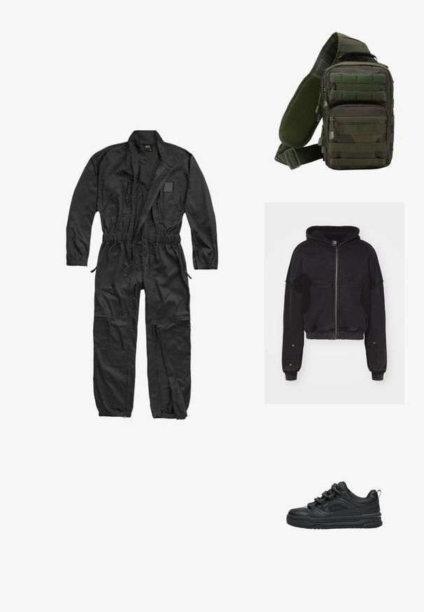 Atelier de roupa SNUG JACKET UNISEX - Fleecejakke - black; Brandit BRANDIT HERREN EINSATZKOMBI - Buksedragter - black; Sort lavtop sneaker med tyk sål, polstret krave, mesh paneler og chunky snørebånd vist mod en hvid baggrund.; Grøn camouflage sling rygsæk med flere lynlåslommer, en justerbar rem og et netpanel på ryggen for ventilation.