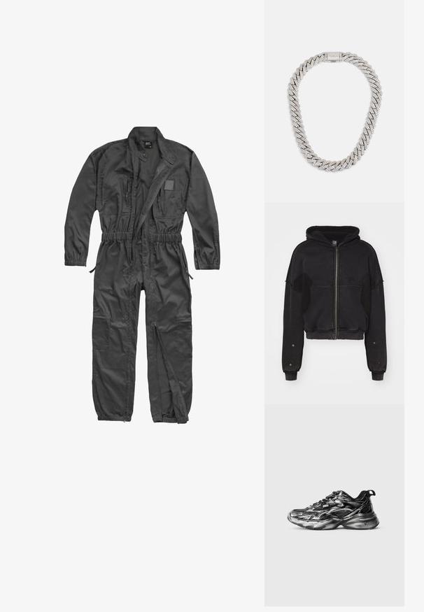 Atelier de roupa SNUG JACKET UNISEX - Fleecejakke - black; Langærmet sort heldragt med frontlynlås, elastisk talje og manchetter, flere lynlåslommer og opretstående krave med trykknap.; Sorte og sølv atletiske sko med mesh overlæg, buet sål, struktureret mønster og snørelukning. Har tydelig lagdeling og detaljer.; DARKAI PRONG PAVÉ UNISEX - Halskæder - white