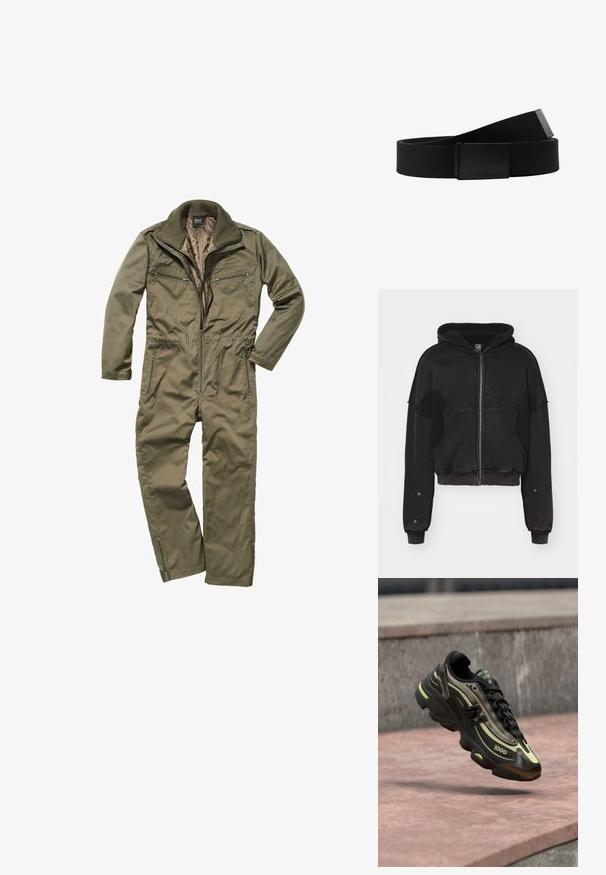 Atelier de roupa SNUG JACKET UNISEX - Fleecejakke - black; Oliven grønt jumpsuit lavet af holdbart stof, med lynlås foran, ribbet krave og flere lynlåslommer på brystet og siderne.; Sort og gul New Balance 1000-sneaker svævende over en lyserød stensurface med en grå stenvæg i baggrunden.; Sort stofbælte med tekstureret overflade, udstyret med en rektangulær sort metalspænde. Spændet er prydet med "Urban Classics" branding.