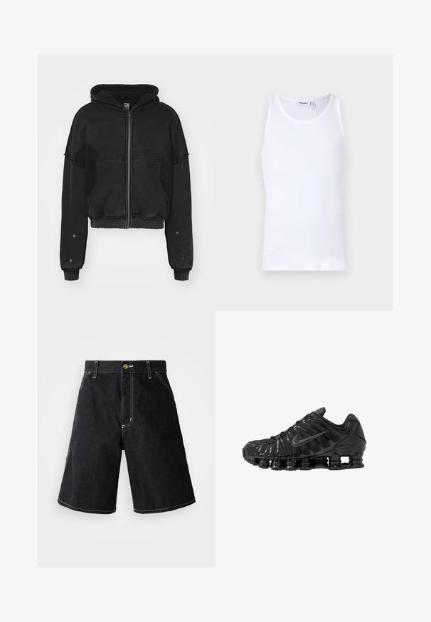 Atelier de roupa SNUG JACKET UNISEX - Flísová bunda - black; Biely bavlnený top bez rukávov s okrúhlym výstrihom a širokými ramienkami. Hladká textúra, bez vzorov, čistý dizajn a značková nášivka na výstrihu.; Čierne džínsy šortky s voľným strihom, piatimi vreckami a kontrastným bielym prešívaním. Zapínanie na gombík v páse.; Čierne športové topánky vyrobené zo sieťoviny a syntetických materiálov, s výrazným vlnitým dizajnom, čiernou gumovou podrážkou a reflexnými prvkami.