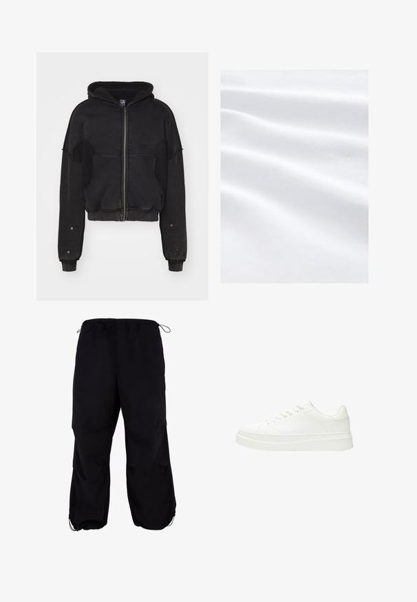 Atelier de roupa SNUG JACKET UNISEX - Fleecejakke - black; Blødt, glat hvidt stof med subtile vandrette folder og et fint, struktureret vævemønster, jævnt oplyst uden skygger.; Sort, løstsiddende cargo-bukser med elastisk talje og justerbar snor. Har lynlåslommer og anklekant.; Hvid sneaker med en glat læderoverdel, flade snørebånd og en tyk gummisål. Minimalistisk design med diskret syning og glatte detaljer.