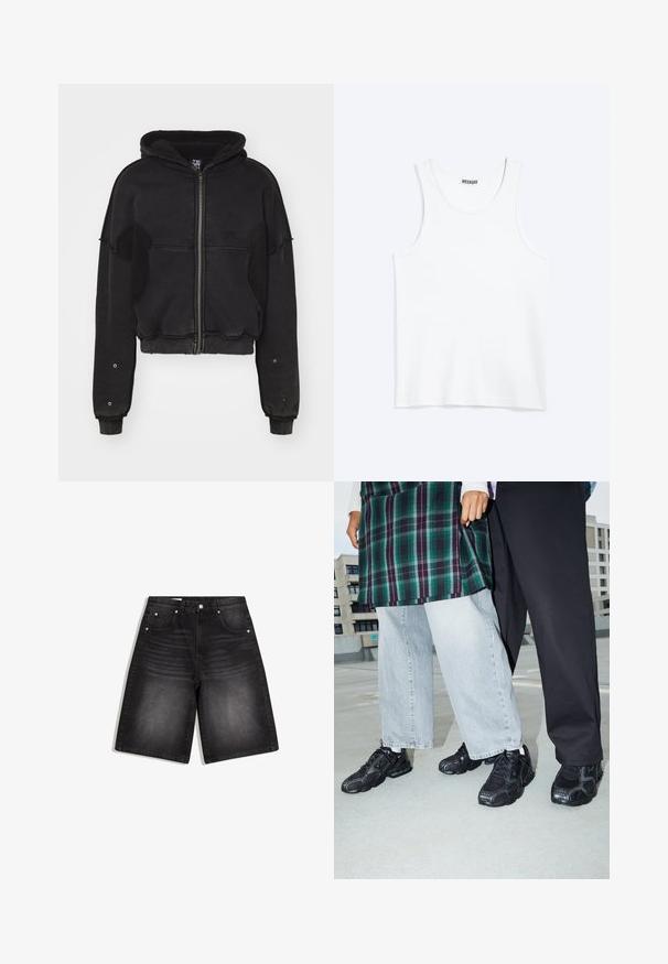 Atelier de roupa SNUG JACKET UNISEX - Fleecejakke - black; Hvid ærmeløs tanktop med rund halsudskæring og Weekday-mærke på den indvendige baghals, vist fladt på lys baggrund.; Sorte denimshorts med frontlommer, bæltestropper og falmede detaljer på lår og talje.; Sorte atletik sko med mesh- og gummidetaljer. Båret med lysegrå vide jeans og en ternet grøn bluse. Flad overflade i baggrunden.