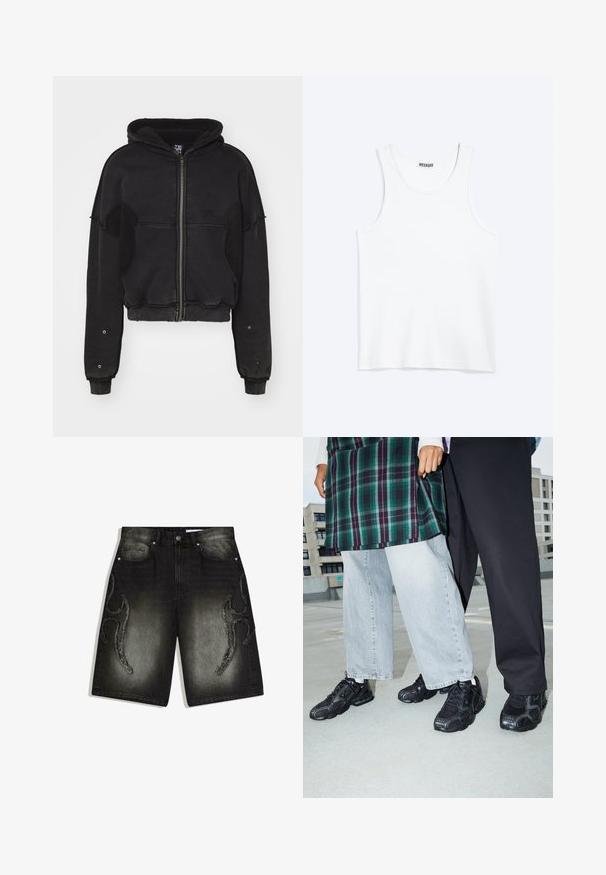 Atelier de roupa SNUG JACKET UNISEX - Fleecejakke - black; Hvid ærmeløs tanktop med rund halsudskæring og Weekday-mærke på den indvendige baghals, vist fladt på lys baggrund.; Sorte denimbukser med falmet gradient, frynsete abstrakte mønstre på lårene, forlommer, bæltestropper og knaplukning.; Sorte atletik sko med mesh- og gummidetaljer. Båret med lysegrå vide jeans og en ternet grøn bluse. Flad overflade i baggrunden.