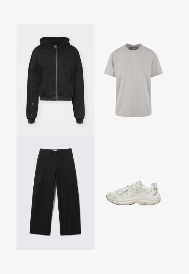 Atelier de roupa SNUG JACKET UNISEX - Flísová bunda - black; Svetlo šedé bavlnené tričko, krátke rukávy, okrúhly výstrih, voľný strih, hladká textura, bez vzorov alebo viditeľných grafík. Čistý dizajn.; Čierne cargo nohavice s širokými nohavicami, prednými vreckami, náprsnými vreckami na stehnách, pútkami na opasok a sťahovaním v páse, rozložené na bielom pozadí.; Biela teniska s textúrovaným vrchom a robustnou podrážkou. Charakterizujú ju zakrivené línie, jemné sivé akcenty a šnurovací dizajn.