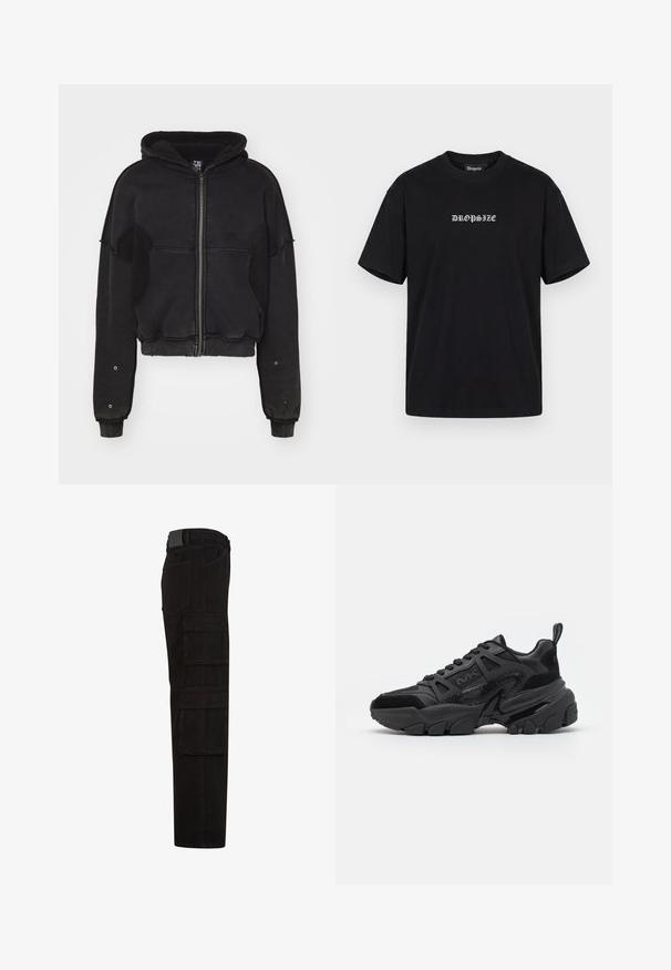 Atelier de roupa SNUG JACKET UNISEX - Φλις μπουφάν - black; Μαύρο κοντομάνικο μπλουζάκι με λευκό γοτθικό κείμενο "DROPSIZE" στο κέντρο στο στήθος και στρογγυλή λαιμόκοψη.; Μαύροι cargo παντελόνια με πολλές μεγάλες τσέπες με καπάκι, θηλιές για ζώνη και ίσια γραμμή στο πλάι.; Μαύρα αθλητικά παπούτσια με συνδυασμό λείων και υφασμένων υλικών, χοντρή σόλα, σχέδιο με κορδόνια και χαρακτηριστικές πλευρικές λεπτομέρειες.