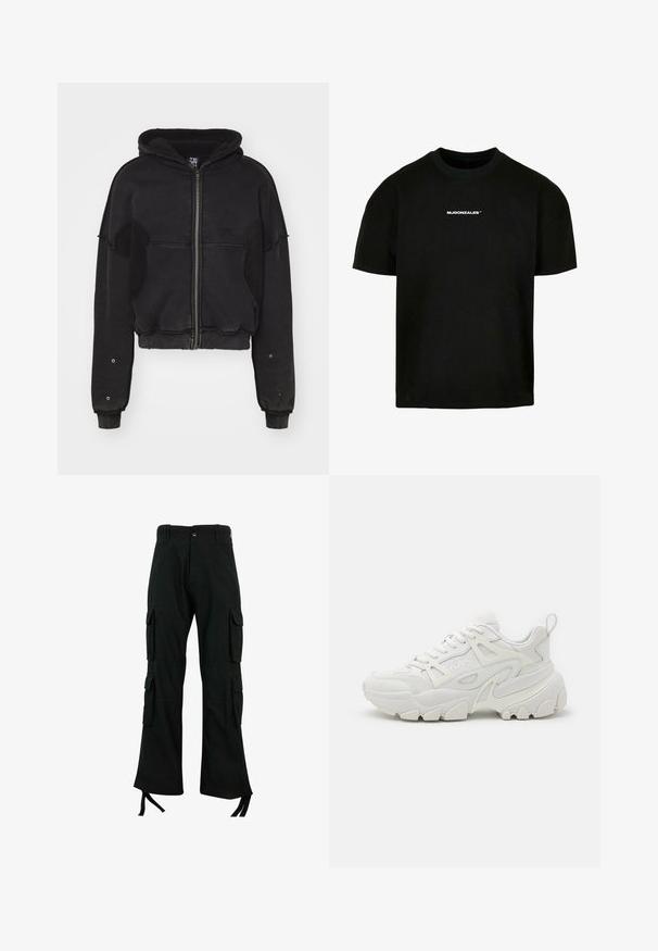 Atelier de roupa SNUG JACKET UNISEX - Flísová bunda - black; Čierne bavlnené tričko s okrúhlym výstrihom, krátkymi rukávmi a malým bielym logo textom "MJGONZALES™" potlačeným na prednej strane.; Čierne cargo nohavice vyrobené z odolného materiálu majú viaceré bočné vrecká, rovný strih a šnúrky na leme pre nastaviteľné prispôsobenie.; Biele atletické tenisky s textúrovaným zvrškom, sieťovinovými panelmi, výraznou gumovou podrážkou a dekoratívnymi výrezmi po stranách.
