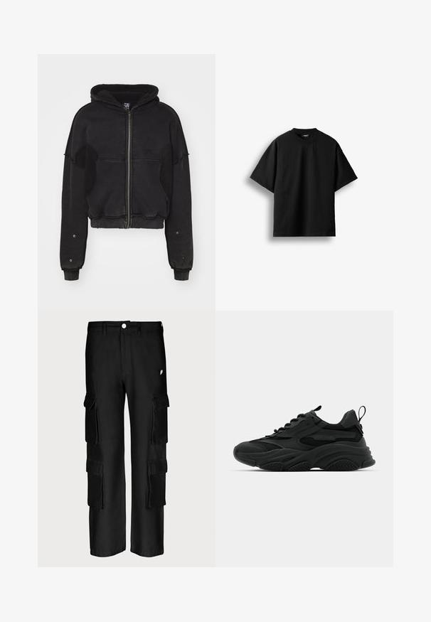 Atelier de roupa SNUG JACKET UNISEX - Fleecejakke - black; Sort T-shirt med korte ærmer og rund hals, lagt fladt mod en hvid baggrund med en synlig lille nakkemærke.; Sorte cargo-bukser med løs pasform, flere sidelommer, knaplukning og en glat stofstruktur.; Sorte atletiske sneakers med en kraftig sål, meshpaneler og gummidetaljer. Har en trækflap ved hælen og strukturerede mønstre.