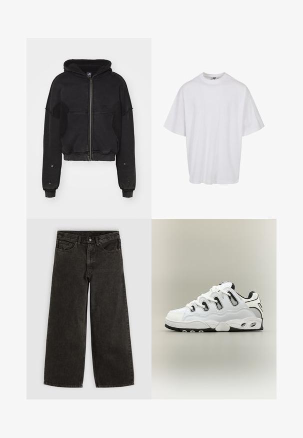 Atelier de roupa SNUG JACKET UNISEX - Fleecejakke - black; Hvid bomulds t-shirt med rund hals og korte ærmer, der har en løs pasform og subtile syningsdetaljer.; Sorte vidde jeans med frontknap og lynlås, bæltestropper og fem lommer, lagt fladt på en hvid baggrund.; Hvid og sort lavtop sneaker med unikke bølgede udskæringer, tyk sål og hvide snørebånd på en ensfarvet neutral baggrund.