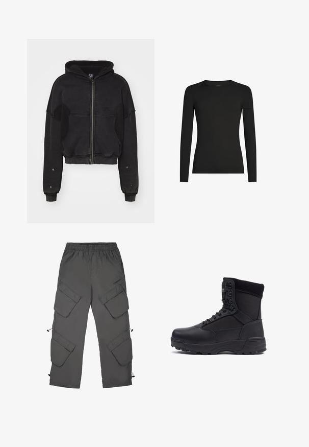 Atelier de roupa SNUG JACKET UNISEX - Fleecejakke - black; Sort, tætsiddende langærmet T-shirt med rund hals og et diskret Icebreaker-logo på venstre ærme, vist på en hvid baggrund.; Cargo bukser i mørkegrå stof med elastisk talje, flere cargo-lommer, snoretræk ved bunden og en glat tekstur.; Sort taktisk støvle med en glat læderoverdel og stofpaneler, høj ankeldesign, snørebånd foran og slidstærk gummisål.
