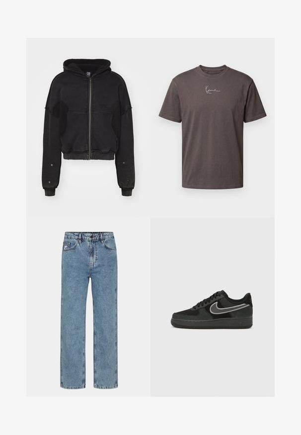 Atelier de roupa SNUG JACKET UNISEX - Fleecejakke - black; Mørkebrun kortærmet bomulds-T-shirt med et lille hvidt signatur-stil logo centreret nær halsudskæringen foran.; Lyseblå lige ben jeans i denimstof med knaplukning, fem lommer og kontrastsyning.; Nike Air Force 1 sneaker i sort ruskind og læder med en sølvfarvet swoosh, rund tå, snørebånd og tekstureret gummiydersål.