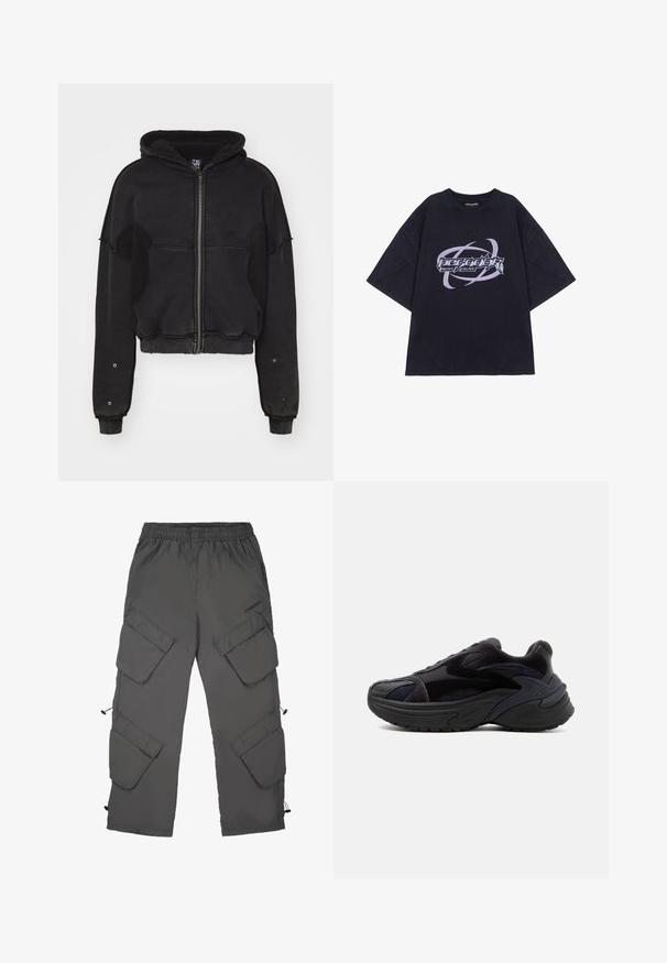 Atelier de roupa SNUG JACKET UNISEX - Fleecejakke - black; Sort oversized T-shirt lavet af bomuld med et grafisk print, der viser teksten "Pegador Most Alive" samt svajende detaljer i lilla og sølv.; Cargo bukser i mørkegrå stof med elastisk talje, flere cargo-lommer, snoretræk ved bunden og en glat tekstur.; Sort chunky sneaker med tyk sål, ruskind og mesh paneler og teksturerede designdetaljer på siden og tåen.
