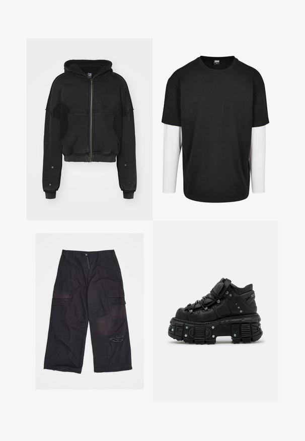 Atelier de roupa SNUG JACKET UNISEX - Fleecejakke - black; Sort kortærmet t-shirt med et hvidt langærmet lag under. Lavet af bomuld med rund halsudskæring og afslappet pasform.; Sorte cargobukser med vide ben og flere lommer samt et slidt hul på højre lår, lagt fladt på en hvid baggrund.; Sorte læder høj-top sneakers med en tykk gummisål, snørebåndsdesign, polstret krave og metal accenter. Har en mønstret sål for godt greb.
