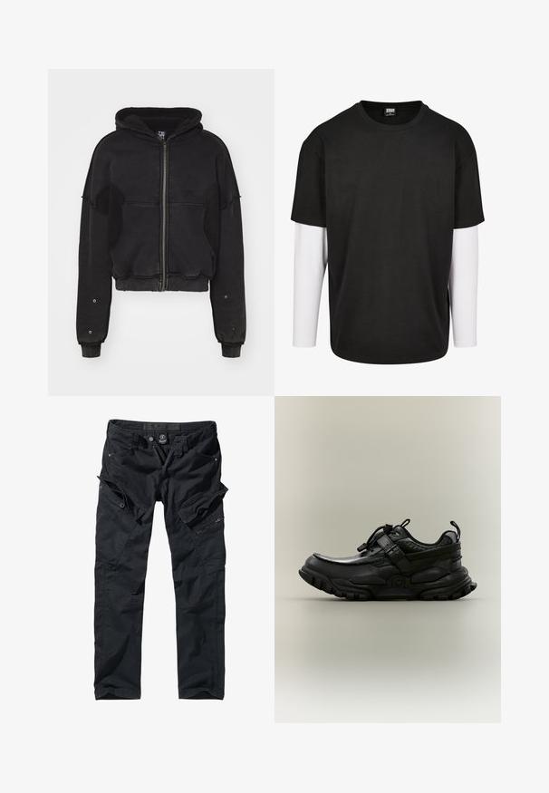 Atelier de roupa SNUG JACKET UNISEX - Fleecejakke - black; Sort kortærmet t-shirt med et hvidt langærmet lag under. Lavet af bomuld med rund halsudskæring og afslappet pasform.; Sorte cargo bukser lavet af slidstærkt stof med flere lommer, lynlåse og en justerbar talje for funktionalitet og komfort.; Sort chunky atletiksko med justerbar rem, snørelås og robust sål, vist i sideprofil på neutral baggrund.