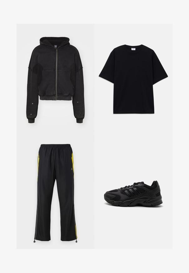 Atelier de roupa SNUG JACKET UNISEX - Fleecejakke - black; Sort oversized T-shirt med korte ærmer og rund halsudskæring, med synlig Filippa K mærke indeni kraven.; Sorte træningsbukser med gule sideaccenter, elastisk talje og lynlåslommer på siden. Fremstillet af let og glat stof.; Sorte træningssko med en kombination af åndbart mesh og syntetiske materialer. Distinct tekstureret sål og tre sorte striber på siden.
