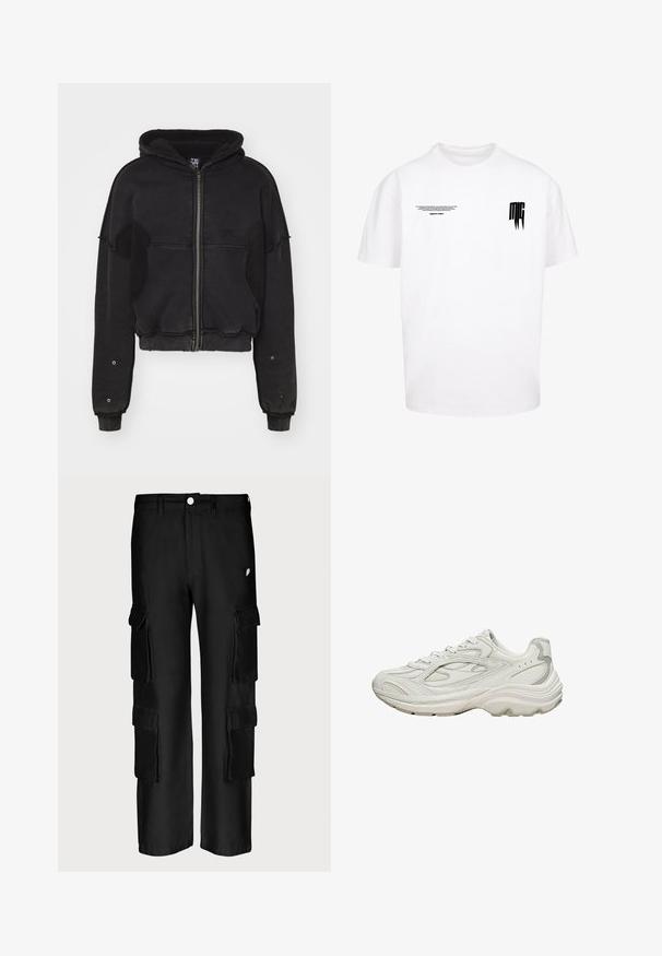 Atelier de roupa SNUG JACKET UNISEX - Fleecejakke - black; Hvid bomulds T-shirt med korte ærmer, med sort tekst på fronten og et grafisk design på venstre side.; Sorte cargo-bukser med løs pasform, flere sidelommer, knaplukning og en glat stofstruktur.; Hvid sneaker med en tekstureret overdel og en chunky sål. Den har buede linjer, subtile grå accenter og en snørelukning.
