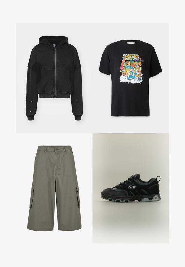 Atelier de roupa SNUG JACKET UNISEX - Fleecejakke - black; Sort T-shirt med farverig tegneserie grafik med Bugs Bunny og tekst "Tag livet ikke alt for alvorligt" i forskellige fonte og stilarter.; Oliven grøn cargo shorts til knæet med sidelommer med klap, knaplukning og bæltestropper.; Sort og mørkegrå DC skateboard-sko med logo på siden, tyk sål med gennemsigtige accenter og trækkemærke på hælen.
