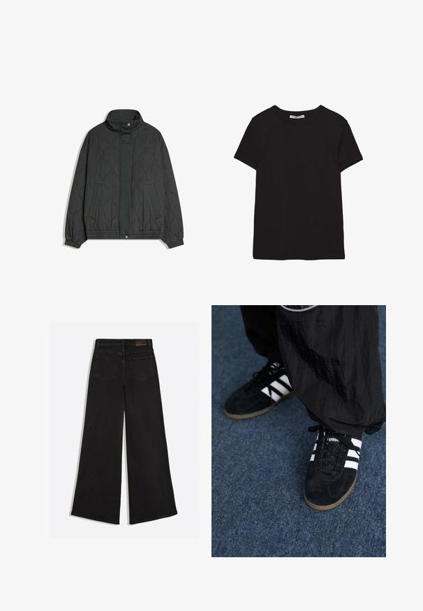 Veste matelassée gris foncé avec col haut, boutons-pression à l'avant, deux poches latérales, poignets et ourlet élastiqués.; T-shirt noir en coton à manches courtes avec encolure ronde, coupe standard et étiquette intérieure visible au niveau du col.; Jean en denim noir à jambes larges vu de dos avec deux poches arrière et des passants de ceinture à la taille.; Des chaussures de sport en suède noir avec trois rayures blanches et des lacets noirs. Un pantalon noir texturé est partiellement visible à côté des chaussures.