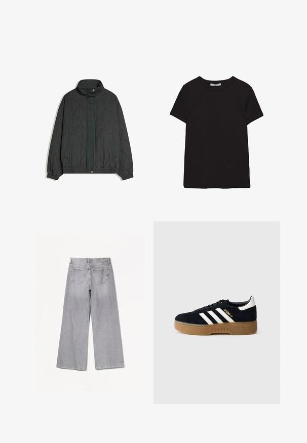 Veste matelassée gris foncé avec col haut, boutons-pression à l'avant, deux poches latérales, poignets et ourlet élastiqués.; T-shirt noir en coton à manches courtes avec encolure ronde, coupe standard et étiquette intérieure visible au niveau du col.; Jean large gris à taille haute, avec une texture lisse, deux poches arrière et des détails de couture subtils.; Baskets en daim noir avec trois bandes blanches et logo doré. Semelle en gomme avec adhérence texturée. Design classique à tige basse, bout arrondi.
