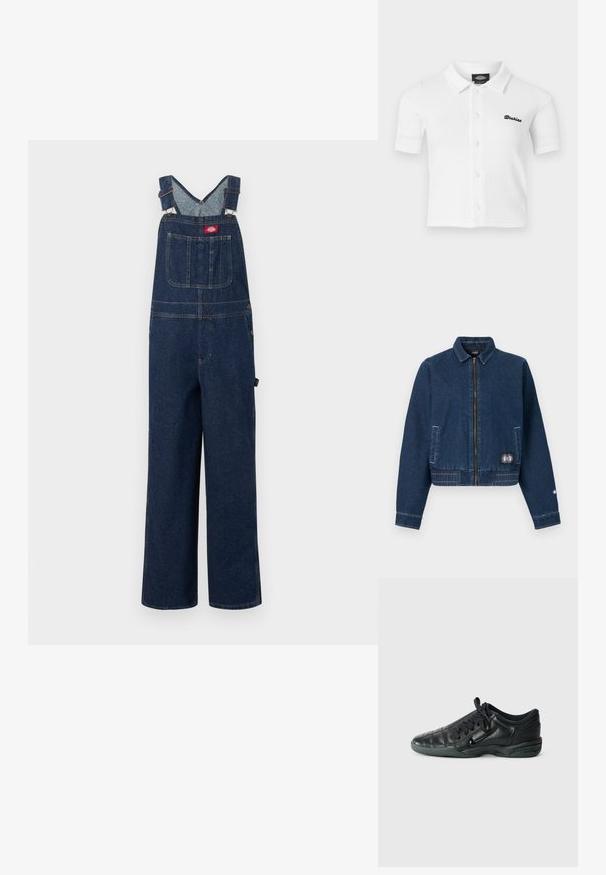 Veste en denim bleu foncé avec fermeture éclair à l'avant, deux poches latérales, ourlet cousu, et un petit patch soleil près de la poche inférieure droite.; Salopette en denim bleu foncé avec une poche avant, des bretelles réglables et un pantalon à jambes larges sur fond blanc uni.; Chemise blanche à manches courtes boutonnée avec col, tissu texturé et logo noir "Dickies" brodé sur le côté gauche de la poitrine.; Chaussure de sport en cuir noir avec un design matelassé, bout arrondi, lacets à l'avant et semelle en caoutchouc. Présente une marque discrète sur le côté.